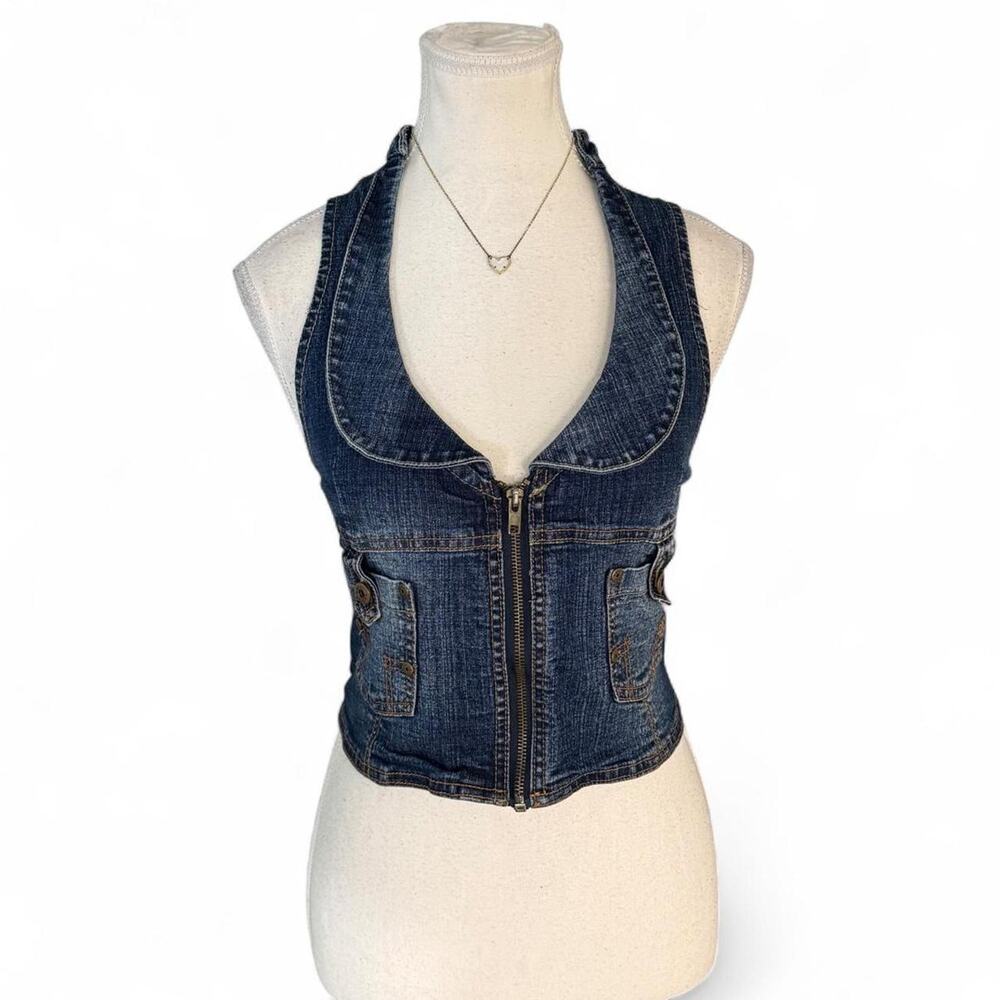 Y2K Baci Denim Halter zip vest Top Size Large Cotton & spandex blend super cute
